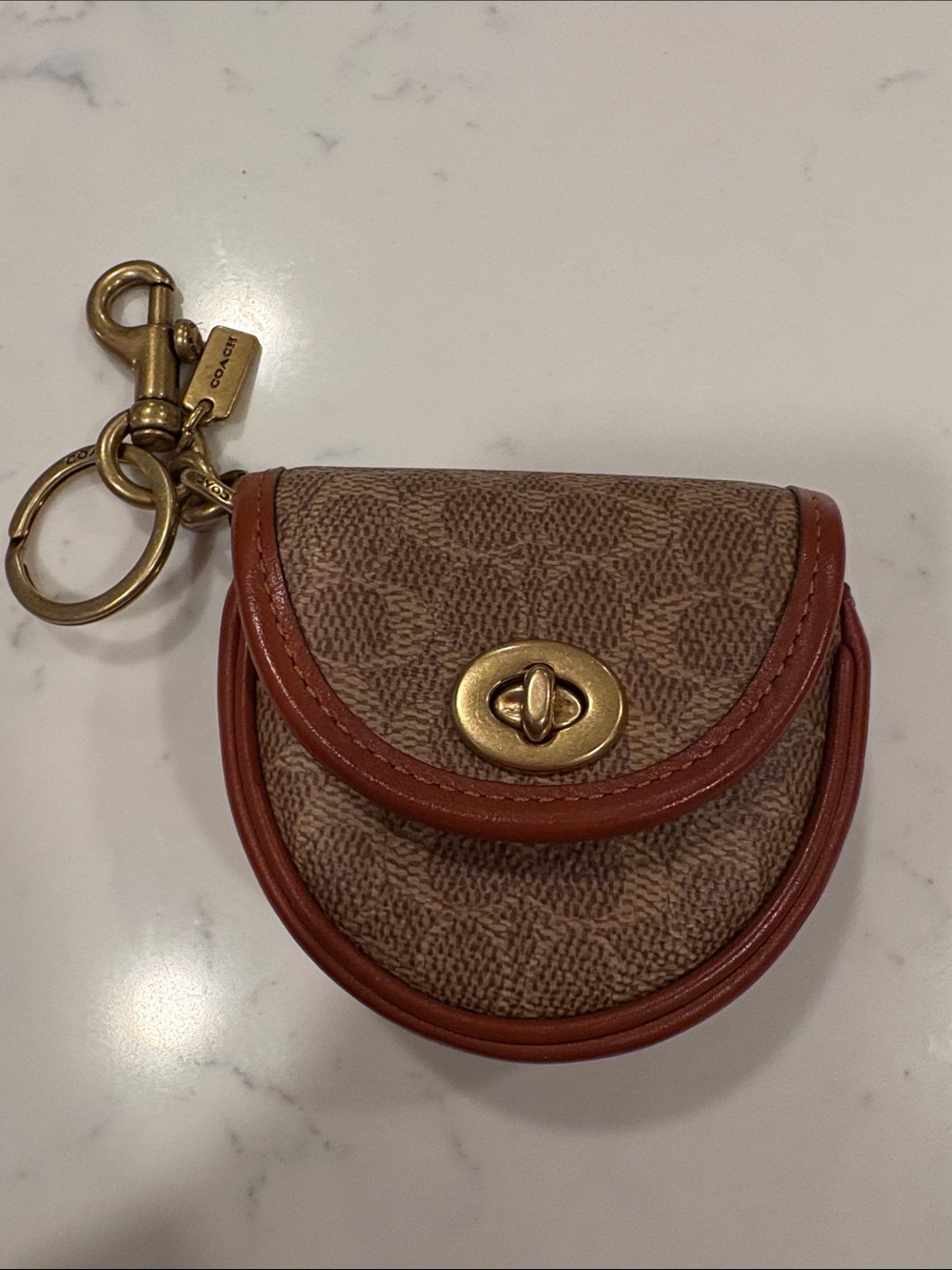 Coach Brown Signature Coin Pouch Key Holder with Tan Trim